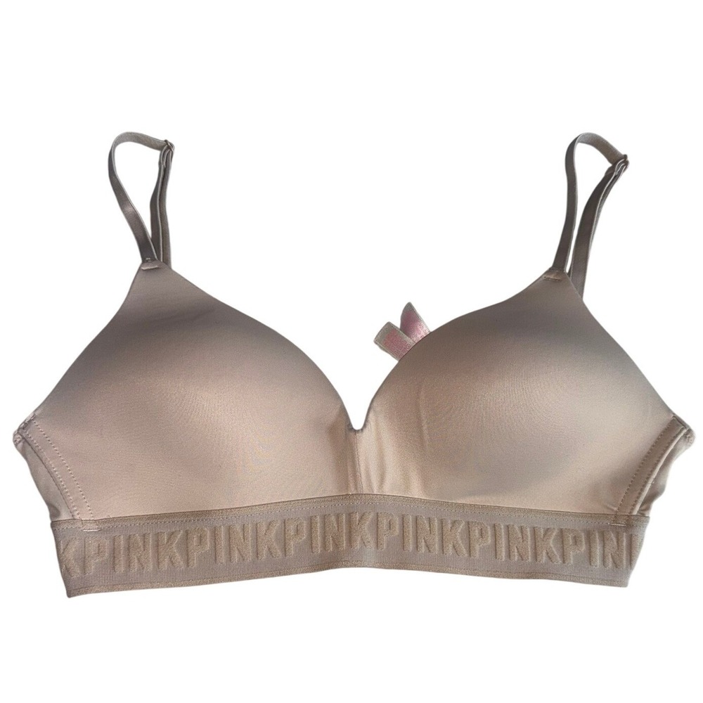 Victoria's Secret PINK Wear Everywhere Wireless Bra Beige Tan Logo‎ Band Small
